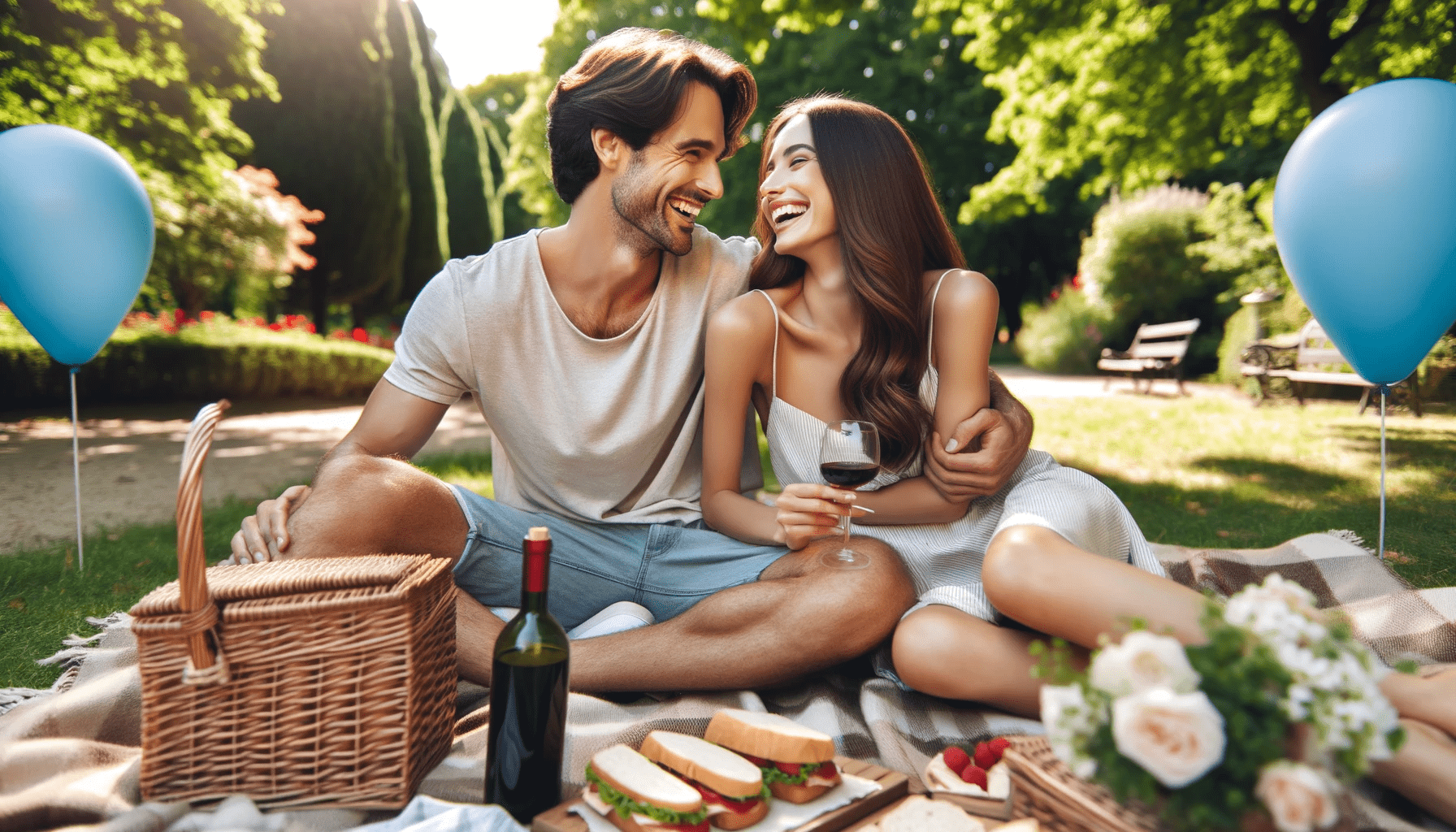 enjoying a picnic in a park on a sunny day. The man is wearing a casual t shirt and shorts while the woman is in a light summer dres