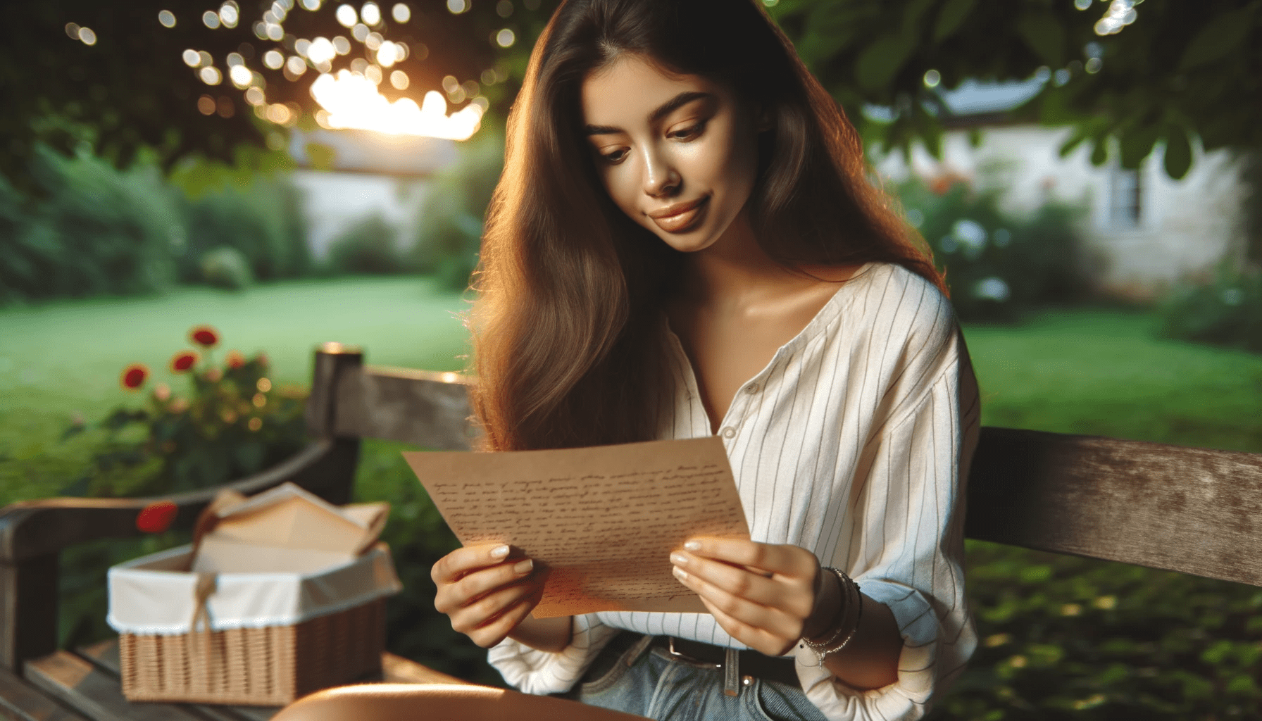 Photo in a serene garden setting. A girl of diverse descent sits on a bench unfolding a handwritten letter. As she reads her eyes well up with tears