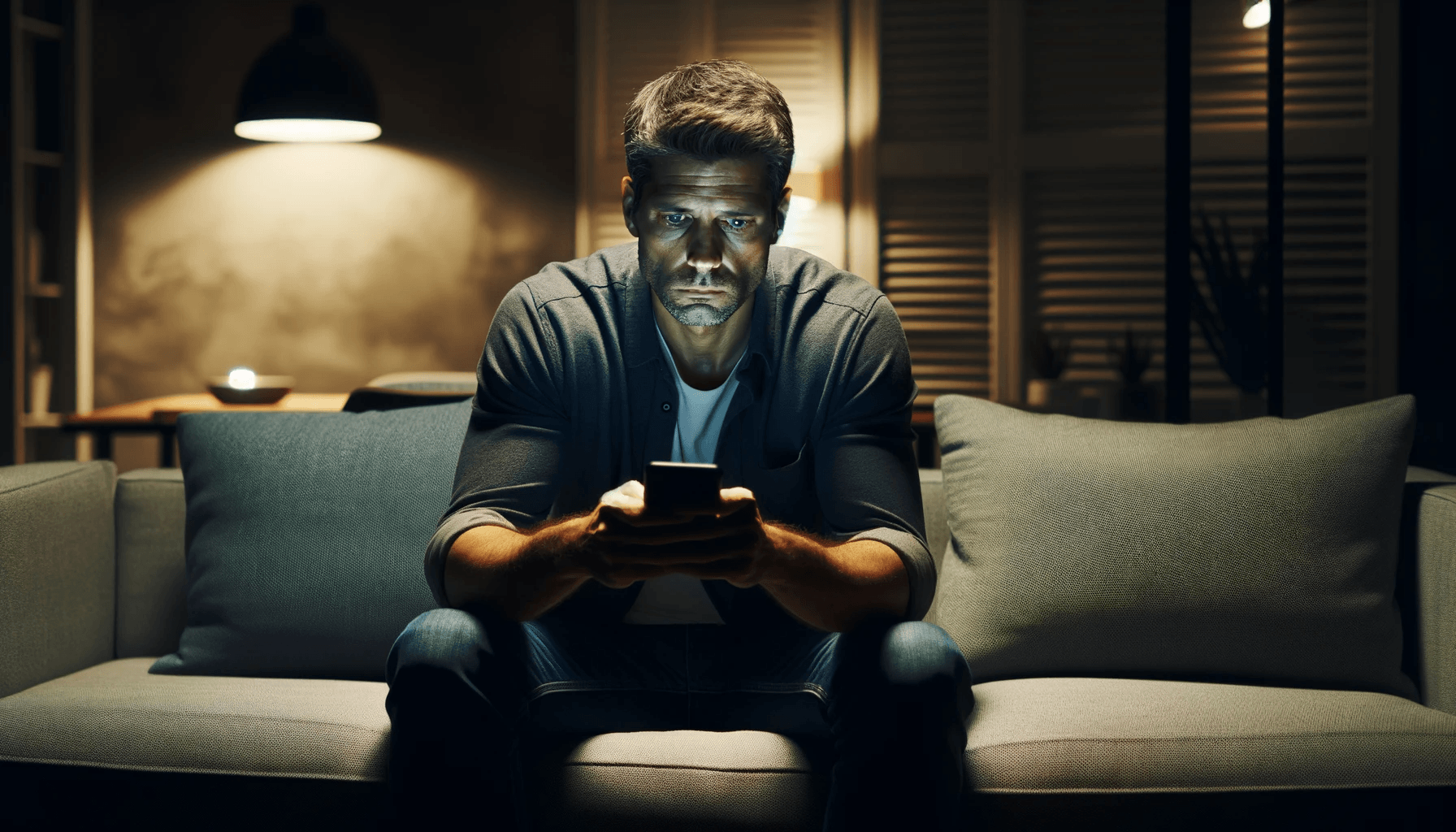 In a modern living room illuminated by soft ambient lighting a Caucasian man in his early 30s sits alone on a comfortable couch. The room has neutral